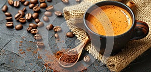 Coffee cup and beans on old kitchen table. Top view with copyspace for your text