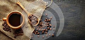 Coffee cup and beans on old kitchen table. Top view with copyspace for your text