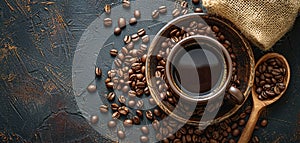 Coffee cup and beans on old kitchen table. Top view with copyspace for your text