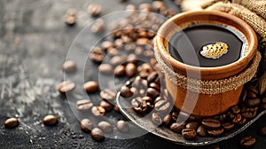 Coffee cup and beans on old kitchen table. Top view with copyspace for your text