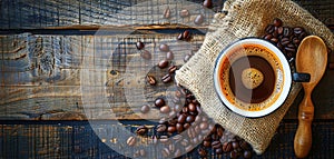 Coffee cup and beans on old kitchen table. Top view with copyspace for your text