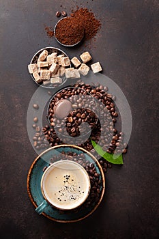 Coffee cup, beans, sugar