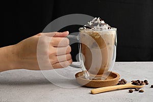 Coffee cup and beans top view with copyspace . flat lay latte for menu, background, banner and advertisement. brew caffeine drink
