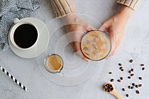 Coffee cup and beans top view with copyspace . flat lay latte for menu, background, banner and advertisement. brew caffeine drink