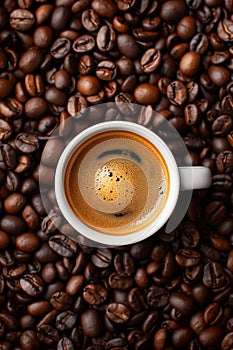 Coffee cup with coffee beans top view. Cup of freshly brewed espresso closeup on roasted coffee beans background