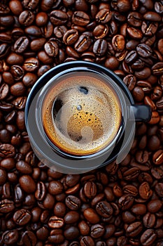 Coffee cup with coffee beans top view. Cup of freshly brewed espresso closeup on roasted coffee beans background