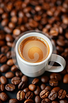 Coffee cup with coffee beans top view. Cup of freshly brewed espresso closeup on roasted coffee beans background