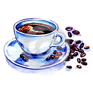 Coffee cup and beans on a white background.