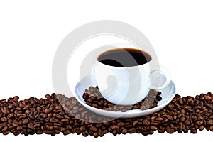 Coffee cup and beans on a white background. Coffee border