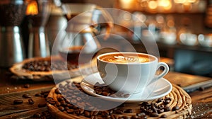 Coffee cup and beans on a wooden table