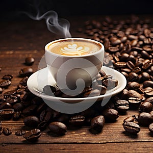 Coffee Cup and Beans on Wooden Table. Cup of hot aromatic coffee and coffee beans on wooden table. Warm cup of coffee on brown