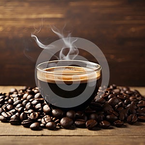 Coffee Cup and Beans on Wooden Table. Cup of hot aromatic coffee and coffee beans on wooden table. Warm cup of coffee on brown