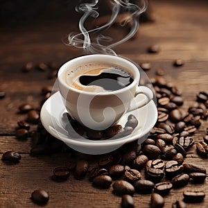 Coffee Cup and Beans on Wooden Table. Cup of hot aromatic coffee and coffee beans on wooden table. Warm cup of coffee on brown