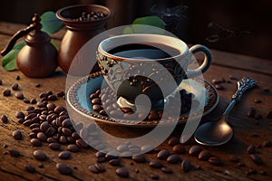 Coffee cup and beans on wooden table dark background