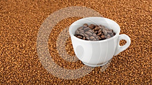 Coffee cup on a bed of instant coffee granules.