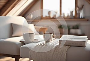 Coffee cup and book on table in cozy living room interior.