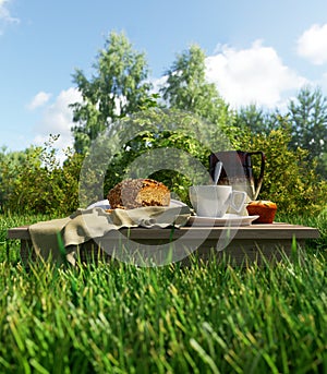 Coffee cup and bread picnic vacation relaxing stilllife