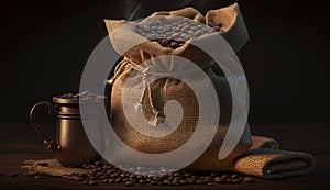 Coffee Cup With Burlap Sack Of Roasted Beans. Generative AI