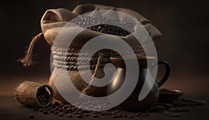 Coffee Cup With Burlap Sack Of Roasted Beans. Generative AI