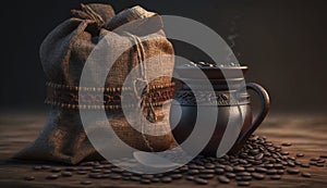 Coffee Cup With Burlap Sack Of Roasted Beans. Generative AI