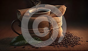 Coffee Cup With Burlap Sack Of Roasted Beans. Generative AI