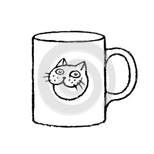 Coffee cup with cat head sticker. Vector illustration.