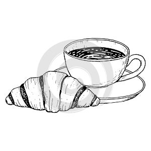Coffee cup with chocolate and French croissant vector black and white illustration for coffee break, breakfast