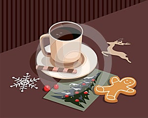 Coffee cup and christmas decoration. Homemade gingerbread cookies, christmas tree greeting card and snowflakes.