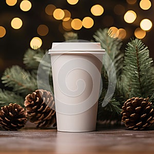 Coffee cup with christmas tree and bokeh background