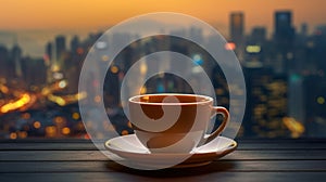 Coffee Cup and City Skyline Unite at Sunrise. Generative AI