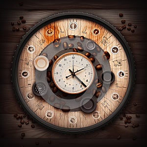 Coffee cup clock and coffee beans on the wooden table