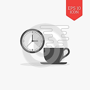 Coffee cup and clock icon. Break time concept. Flat design gray