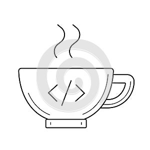 Coffee cup with code line icon.