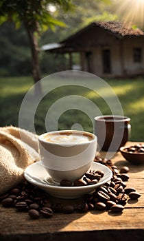 Coffee cup with coffee bag on wooden table. Cup of coffee latte with heart shape and coffee beans on old wooden. Cup of coffee