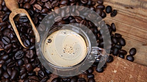 Coffee cup with Coffee beans, burlap sack and with cinnamon sticks