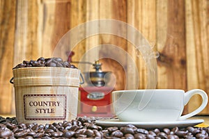 Coffee cup and Coffee beans with casks