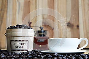Coffee cup and Coffee beans with casks