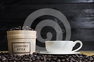 Coffee cup and Coffee beans with casks