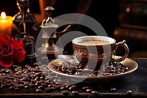 coffee cup with coffee beans on dark table