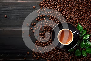 coffee cup with coffee beans on dark table