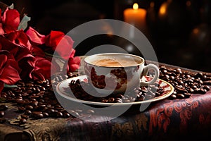 coffee cup with coffee beans on dark table