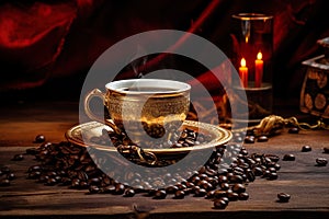 coffee cup with coffee beans on dark table