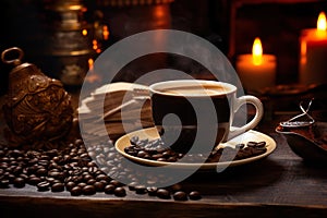 coffee cup with coffee beans on dark table