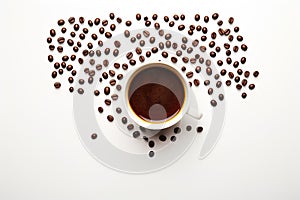 coffee cup with coffee beans on dark table