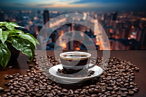 coffee cup with coffee beans on dark table