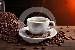 coffee cup with coffee beans on dark table