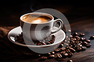 coffee cup with coffee beans on dark table