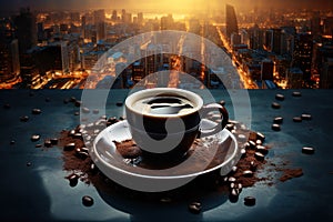 coffee cup with coffee beans on dark table