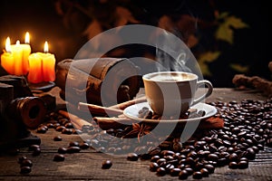 coffee cup with coffee beans on dark table