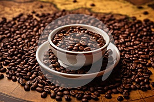 coffee cup with coffee beans on dark table